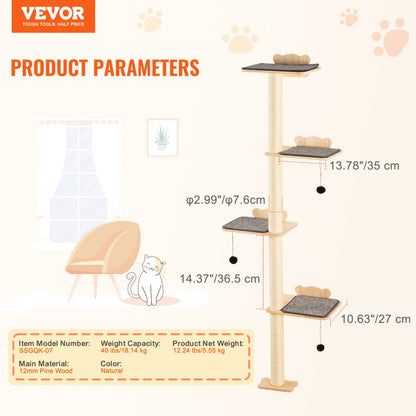 SSGQK-06 - Natural Pine Wall-Mounted Cat Shelf with 4 Boards and 3 Posts
