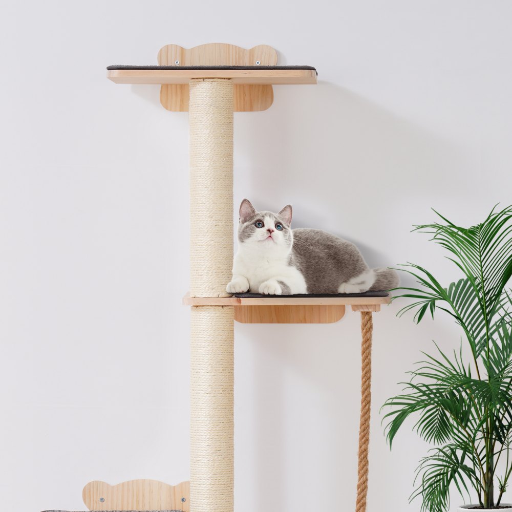SSGQK-06 - Natural Pine Wall-Mounted Cat Shelf with 4 Boards and 3 Posts