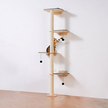 SSGQK-06 - Natural Pine Wall-Mounted Cat Shelf with 4 Boards and 3 Posts