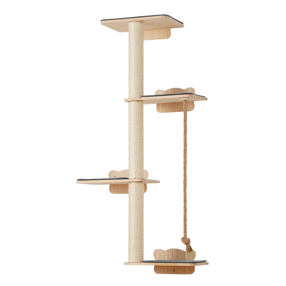 SSGQK-06 - Natural Pine Wall-Mounted Cat Shelf with 4 Boards and 3 Posts