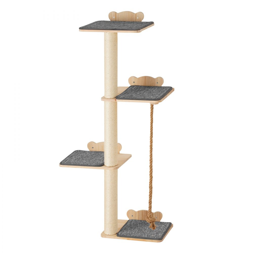 SSGQK-06 - Natural Pine Wall-Mounted Cat Shelf with 4 Boards and 3 Posts