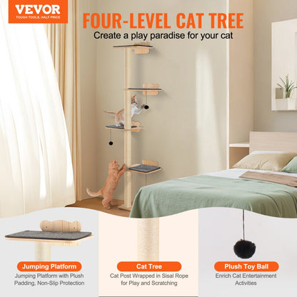 SSGQK-07 - Natural Pine Wall-Mounted Cat Tree with Shelves and Posts