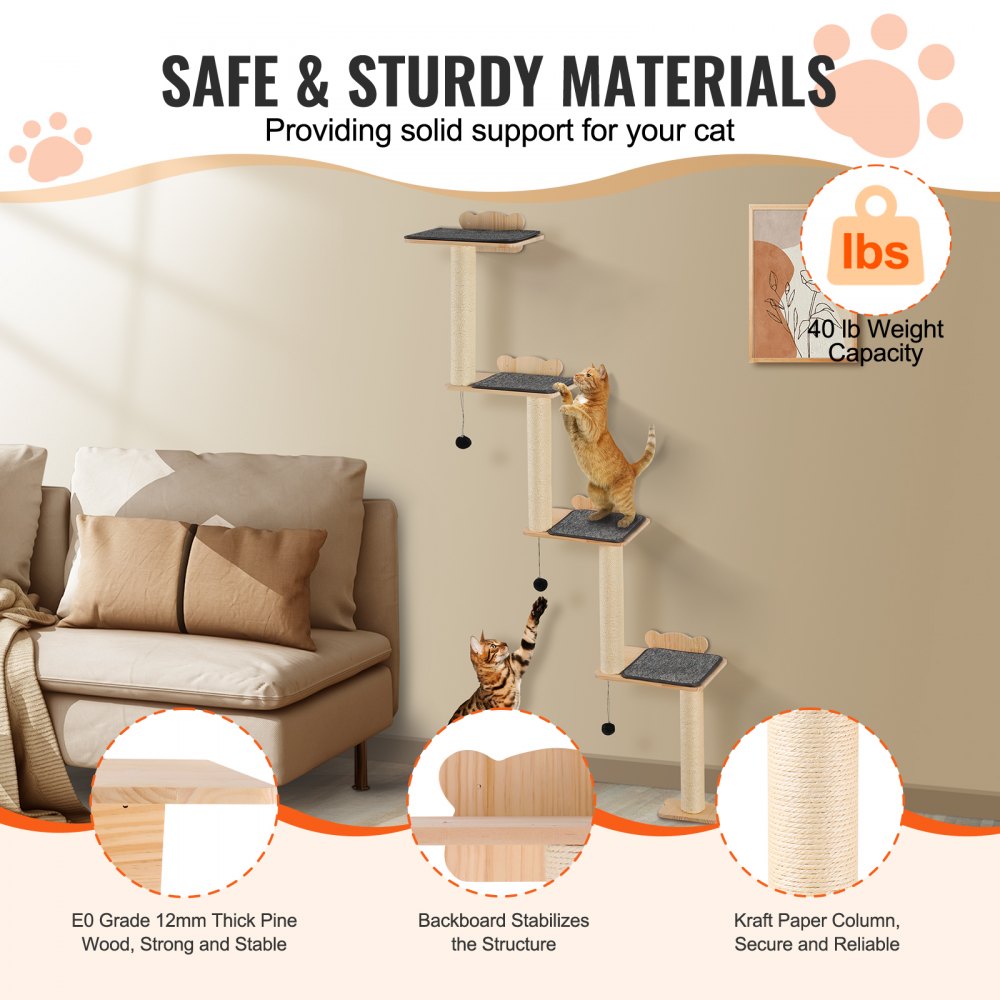 SSGQK-07 - Natural Pine Wall-Mounted Cat Tree with Shelves and Posts