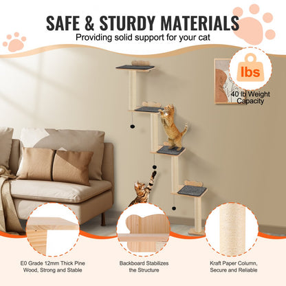 SSGQK-07 - Natural Pine Wall-Mounted Cat Tree with Shelves and Posts