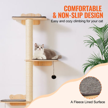 SSGQK-07 - Natural Pine Wall-Mounted Cat Tree with Shelves and Posts