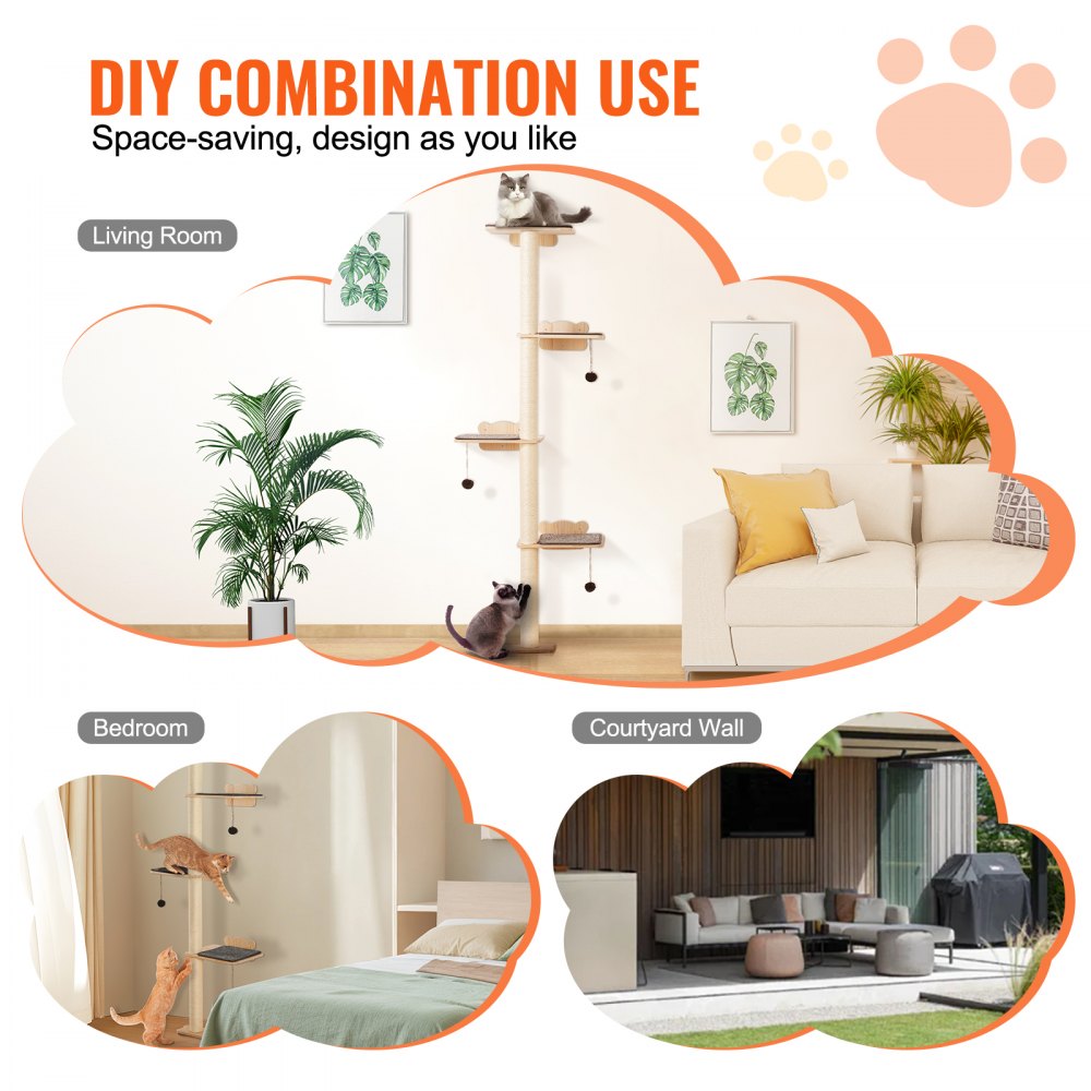SSGQK-07 - Natural Pine Wall-Mounted Cat Tree with Shelves and Posts