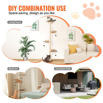 SSGQK-07 - Natural Pine Wall-Mounted Cat Tree with Shelves and Posts