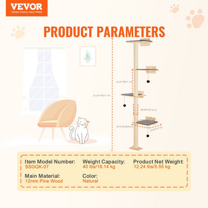 SSGQK-07 - Natural Pine Wall-Mounted Cat Tree with Shelves and Posts