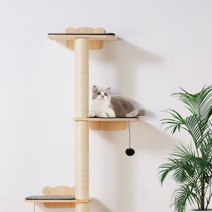 SSGQK-07 - Natural Pine Wall-Mounted Cat Tree with Shelves and Posts