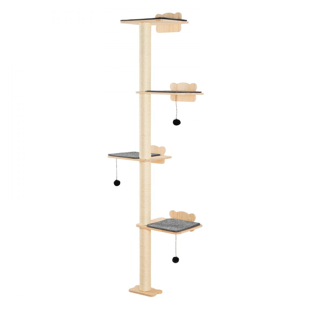 SSGQK-07 - Natural Pine Wall-Mounted Cat Tree with Shelves and Posts