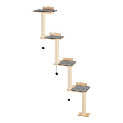 SSGQK-07 - Natural Pine Wall-Mounted Cat Tree with Shelves and Posts