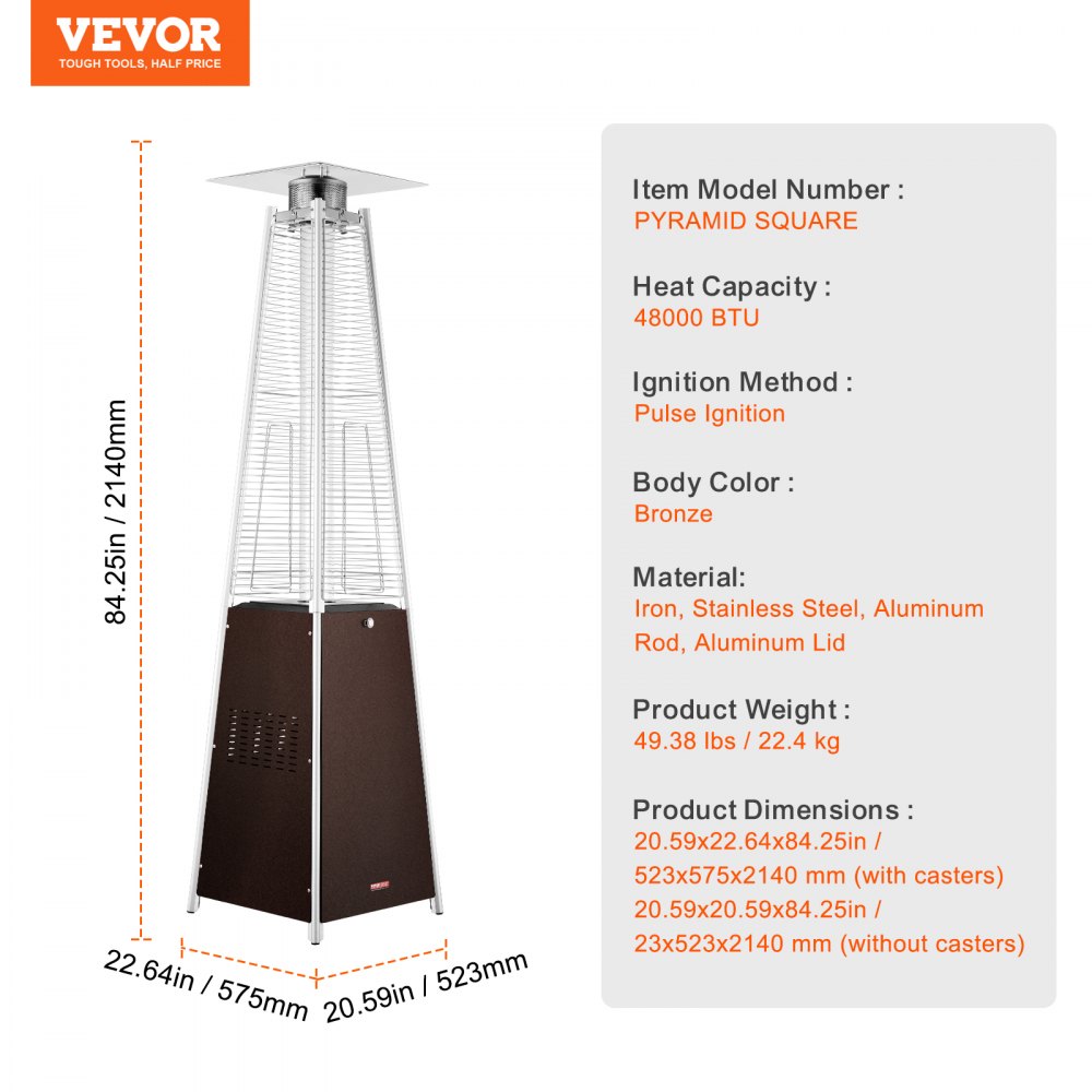 PYRAMID SQUARE - 48,000 BTU Stainless Steel Patio Heater with Wheels