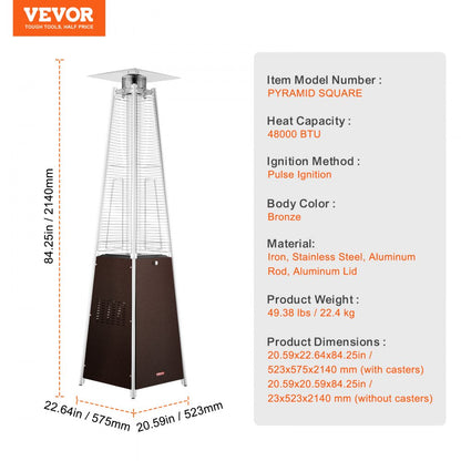 PYRAMID SQUARE - 48,000 BTU Stainless Steel Patio Heater with Wheels