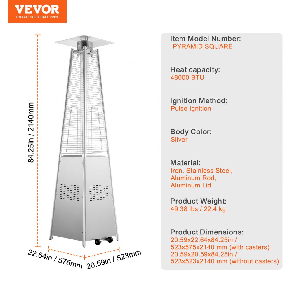 PYRAMID SQUARE - 48,000 BTU VEVOR Propane Patio Heater with Wheels, 84.25" Tall