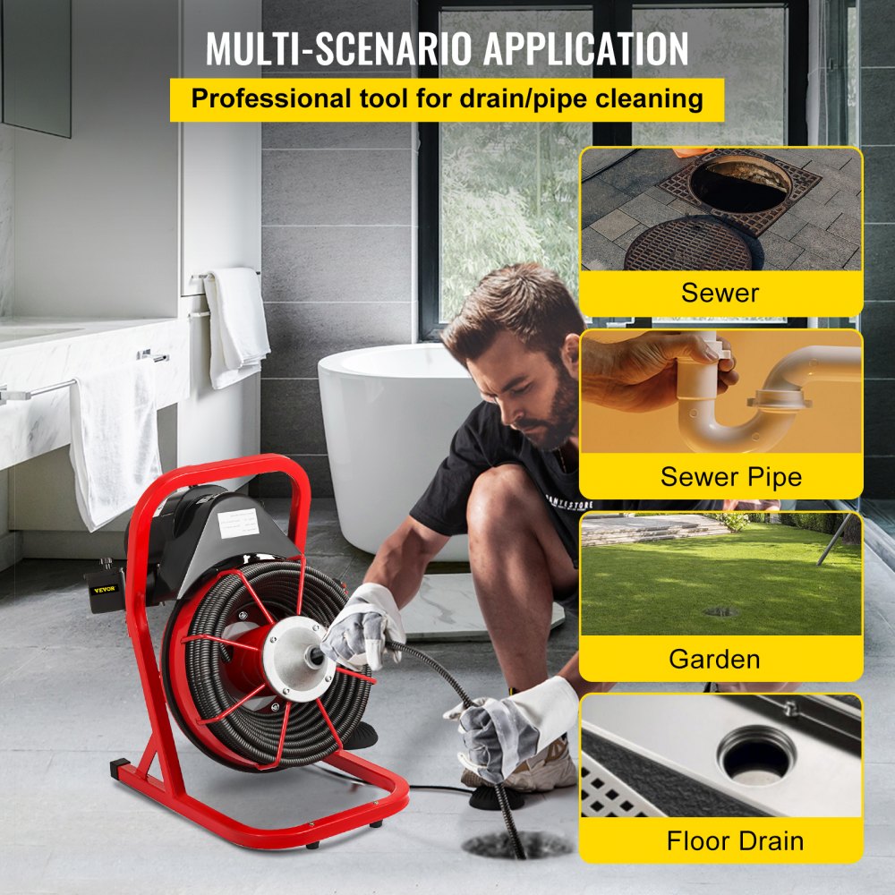 010443390946 - VEVOR 50' Electric Drain Auger with 4 Cutters for Heavy-Duty Clogs