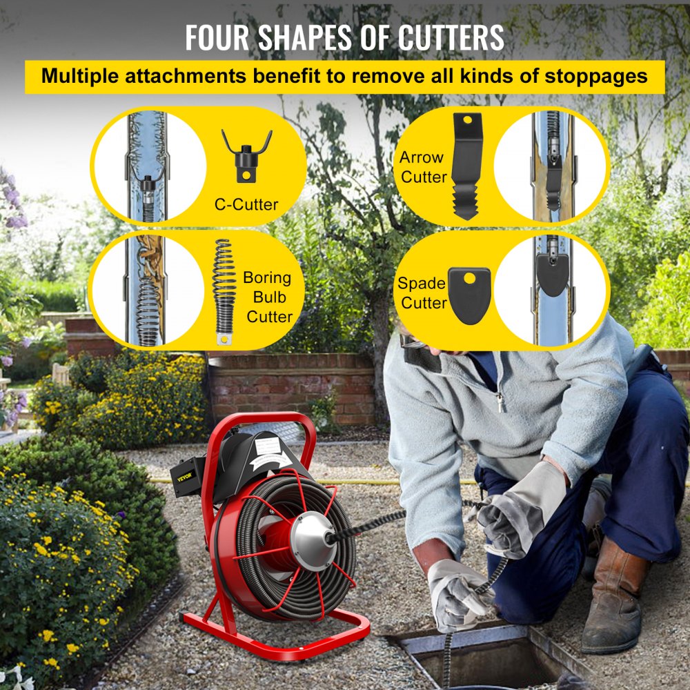 D1000 - 75FT VEVOR Electric Drain Auger with 4 Cutter Shapes