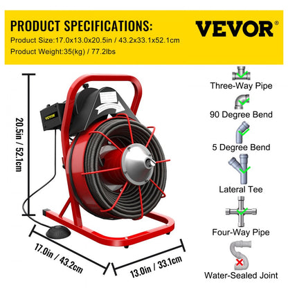 D1000 - 75FT VEVOR Electric Drain Auger with 4 Cutter Shapes