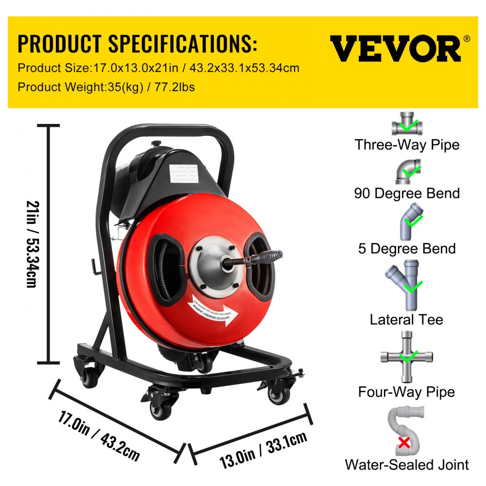 010419458583 - 50FT VEVOR Electric Drain Auger with Versatile Cutters