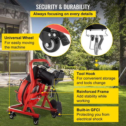 010613527801 - VEVOR 75' Electric Drain Auger with Versatile Cutters