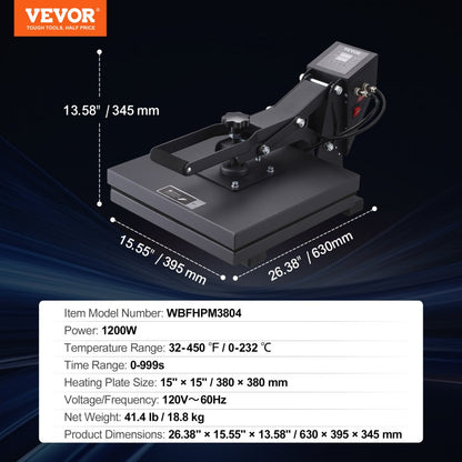 WBFHPM3804 - VEVOR 15" Heat Press for T-Shirts with Digital Control