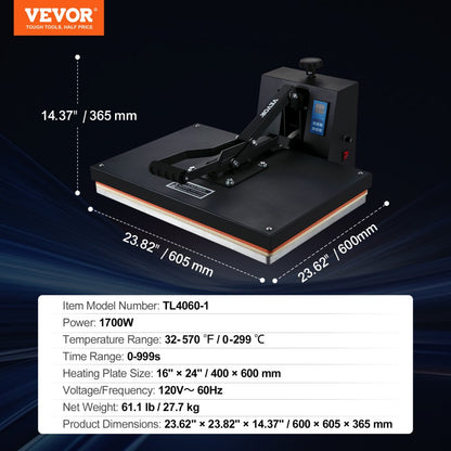TL4060-1 - 16x24 VEVOR Heat Press for Efficient Heat Transfer