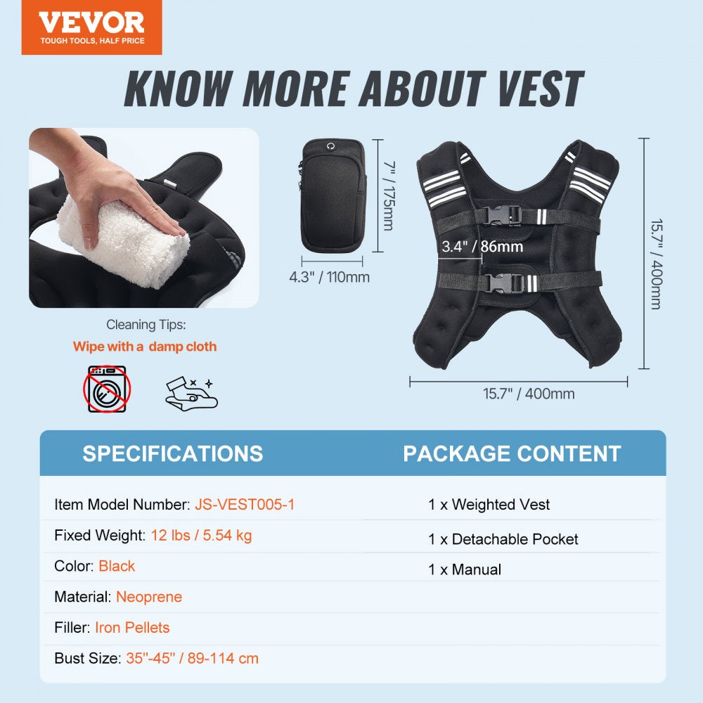 JS-VEST005-1 - 12lb Neoprene Weighted Vest with Pockets & Adjustable Fit
