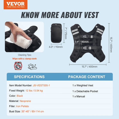 JS-VEST005-1 - 12lb Neoprene Weighted Vest with Pockets & Adjustable Fit