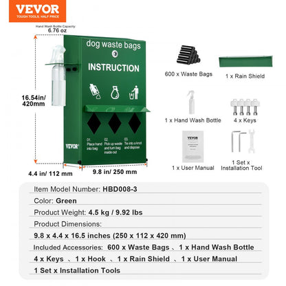 HBD008-3 - Durable Steel Dog Waste Station with 600 Bags & Cover