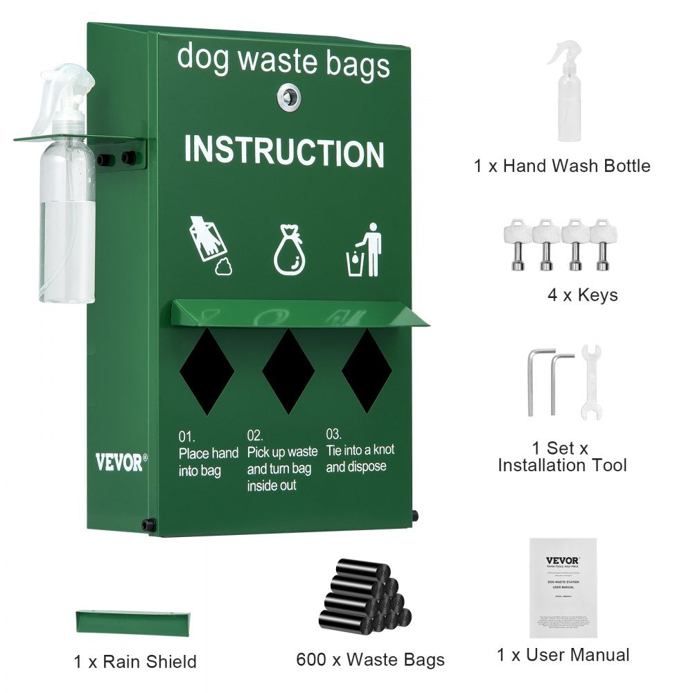 HBD008-3 - Durable Steel Dog Waste Station with 600 Bags & Cover