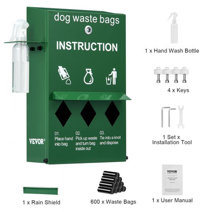HBD008-3 - Durable Steel Dog Waste Station with 600 Bags & Cover