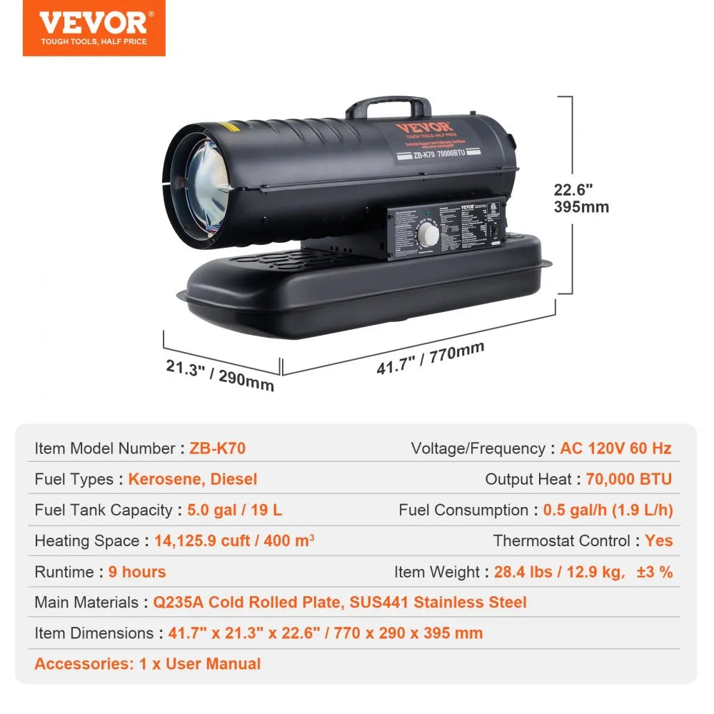 ZB-K70 - 70,000 BTU Kerosene Air Heater for Large Spaces