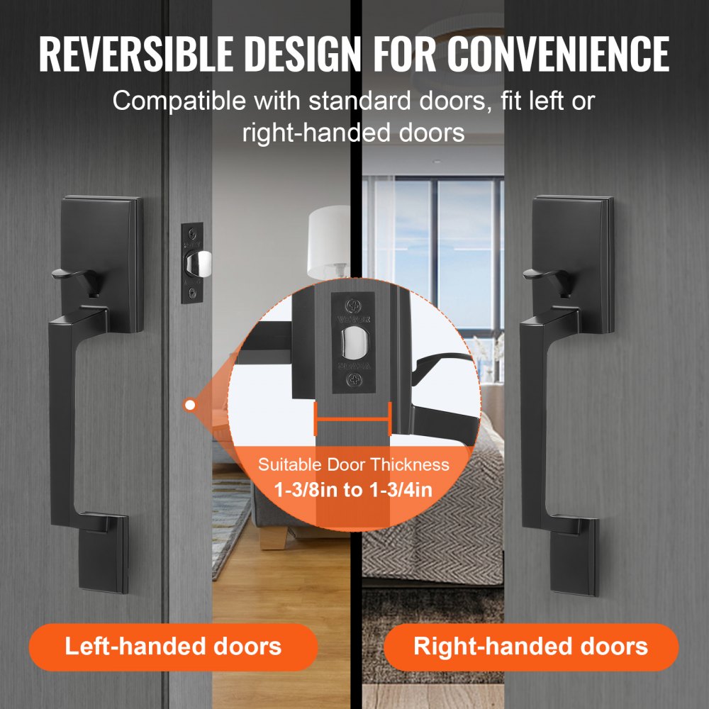 DT1103-PS-BLK - Matte Black Adjustable Door Handle Set, 7.87-9 Inch