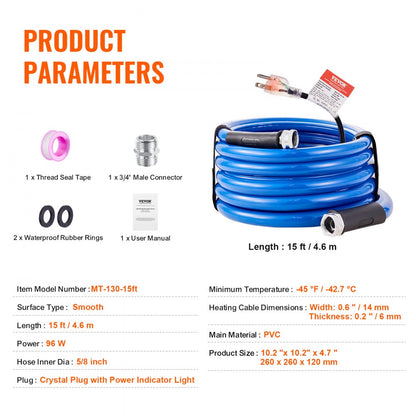 MT-130-15ft - 15ft Heated RV Water Hose for Extreme Weather Use