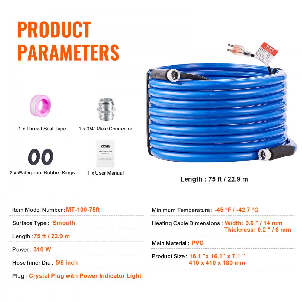 MT-130-75ft - 75ft Heated Water Hose for RVs, Freezes at -45°F