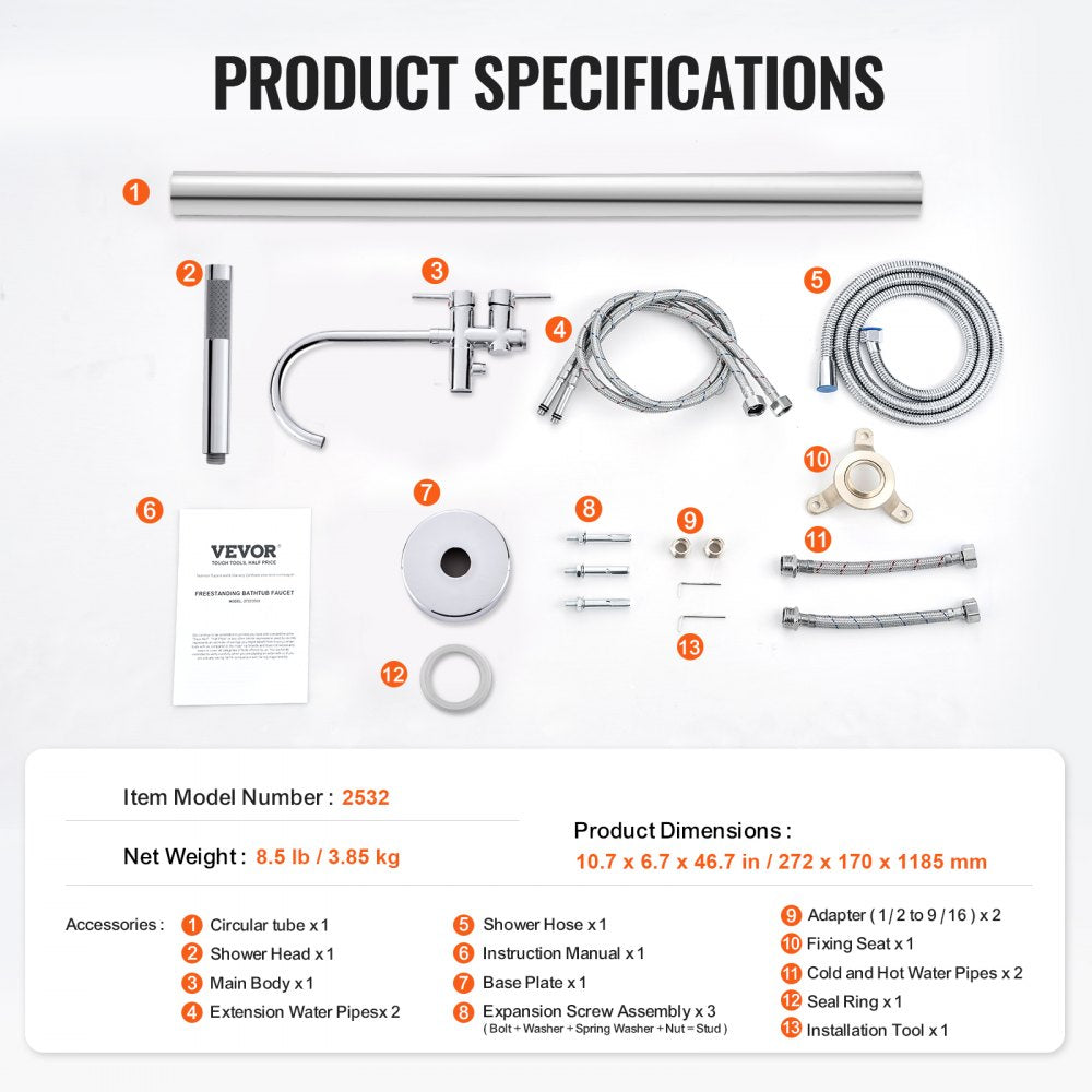 2532 - Brass Freestanding Bathtub Faucet with Handheld Shower & 360° Rotation