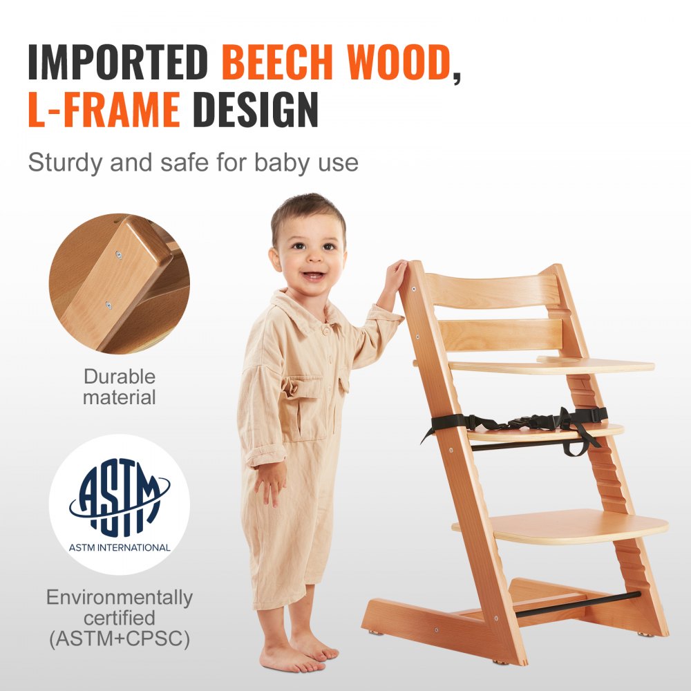 LPK928 - Adjustable Wooden High Chair for Infants & Toddlers, Easy Assembly
