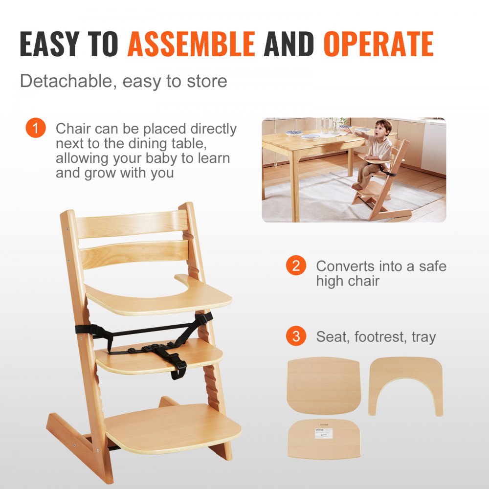LPK928 - Adjustable Wooden High Chair for Infants & Toddlers, Easy Assembly