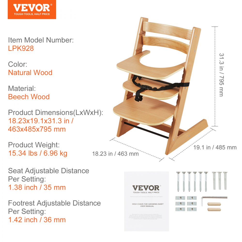 LPK928 - Adjustable Wooden High Chair for Infants & Toddlers, Easy Assembly