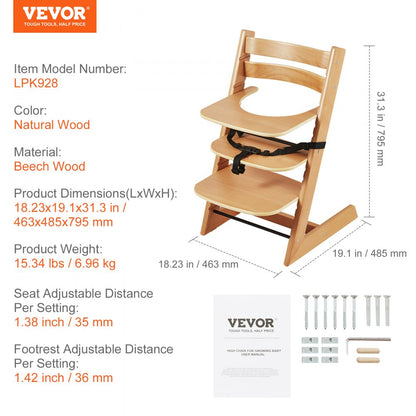 LPK928 - Adjustable Wooden High Chair for Infants & Toddlers, Easy Assembly