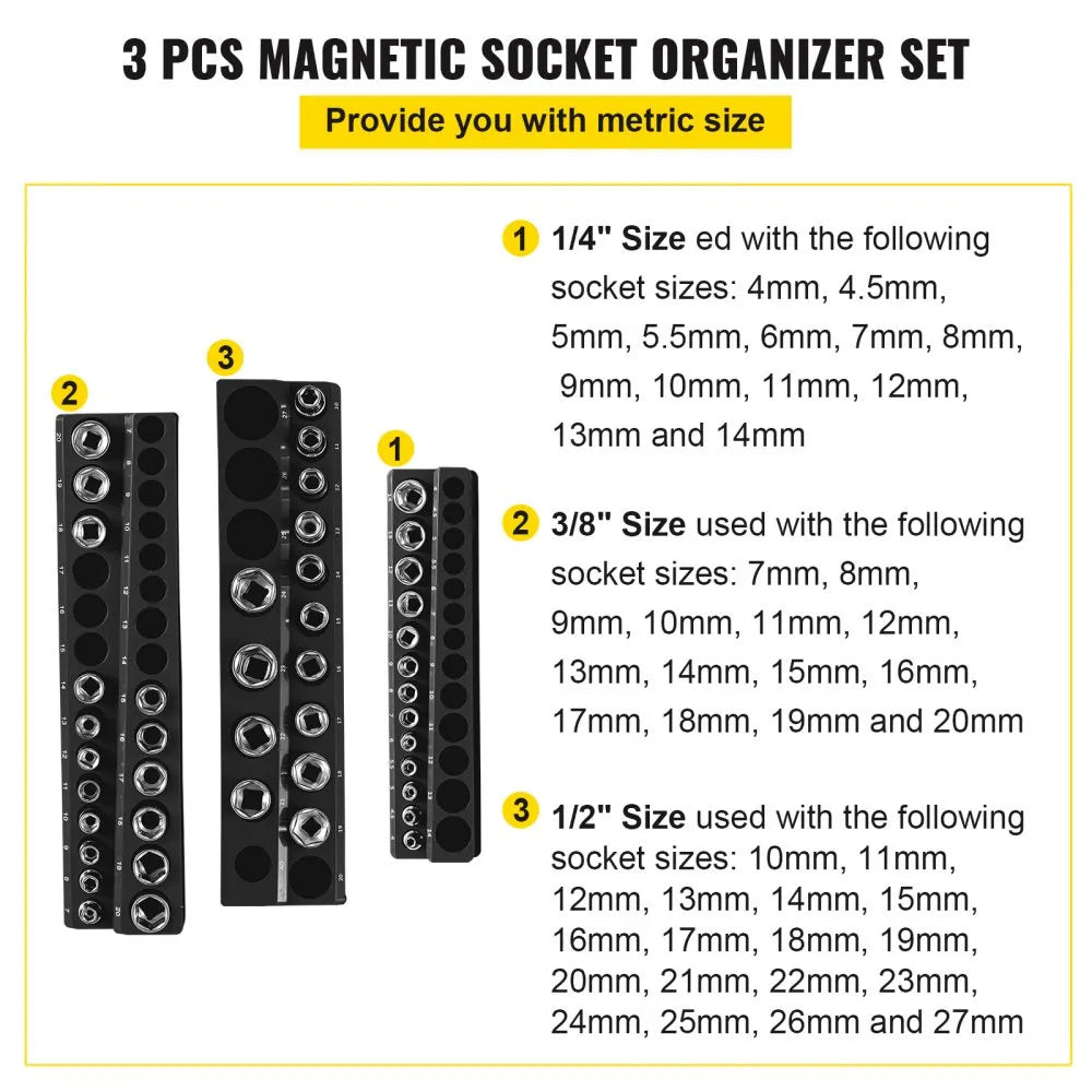 3SETBLACK - Magnetic Socket Organizer for 73 Slots, 14.7 x 3.5 x 1.62 Inches