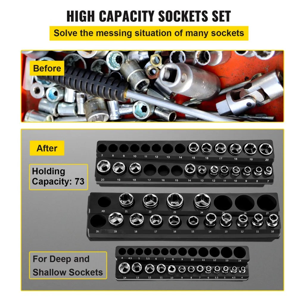 3SETBLACK - Magnetic Socket Organizer for 73 Slots, 14.7 x 3.5 x 1.62 Inches