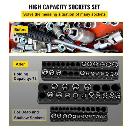 3SETBLACK - Magnetic Socket Organizer for 73 Slots, 14.7 x 3.5 x 1.62 Inches