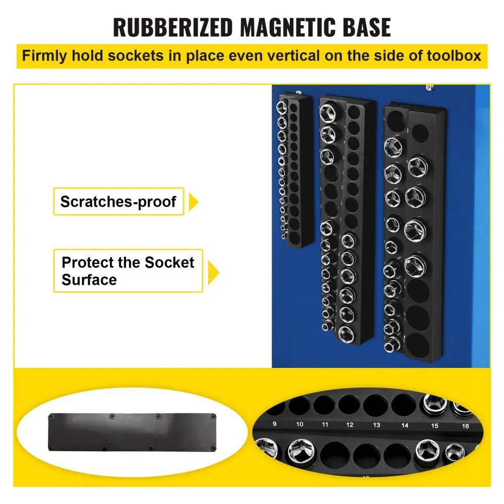 3SETBLACK - Magnetic Socket Organizer for 73 Slots, 14.7 x 3.5 x 1.62 Inches