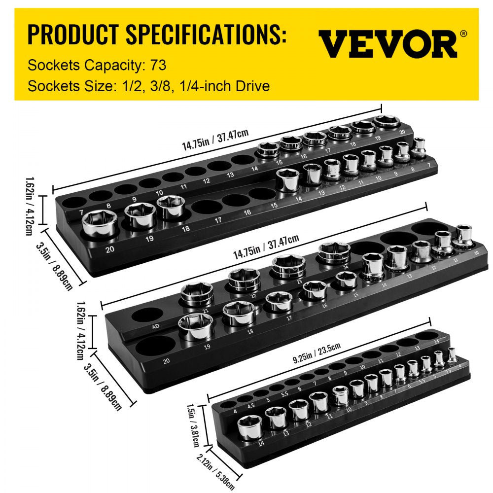 3SETBLACK - Magnetic Socket Organizer for 73 Slots, 14.7 x 3.5 x 1.62 Inches