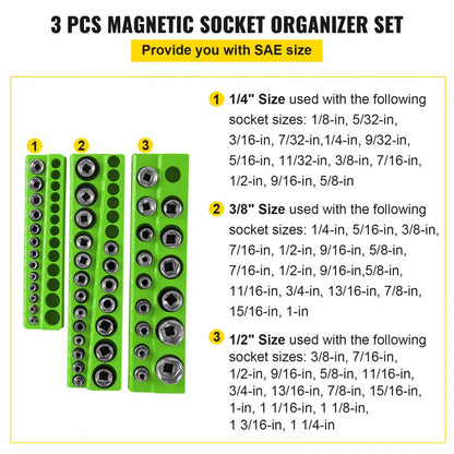 3SETG - 3-Piece Magnetic Socket Organizer Set for 68 SAE Slots