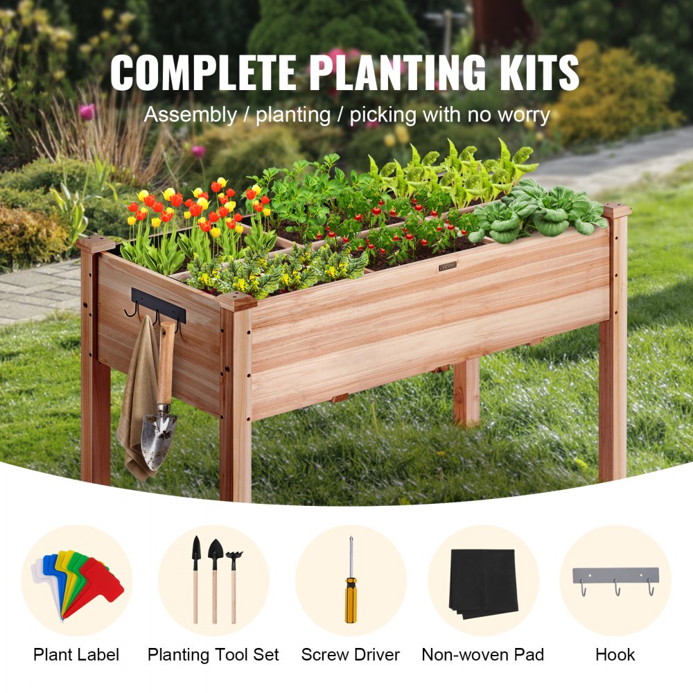 010389019866 - 47.2" Durable Fir Wood Raised Garden Bed with Partition & Tools