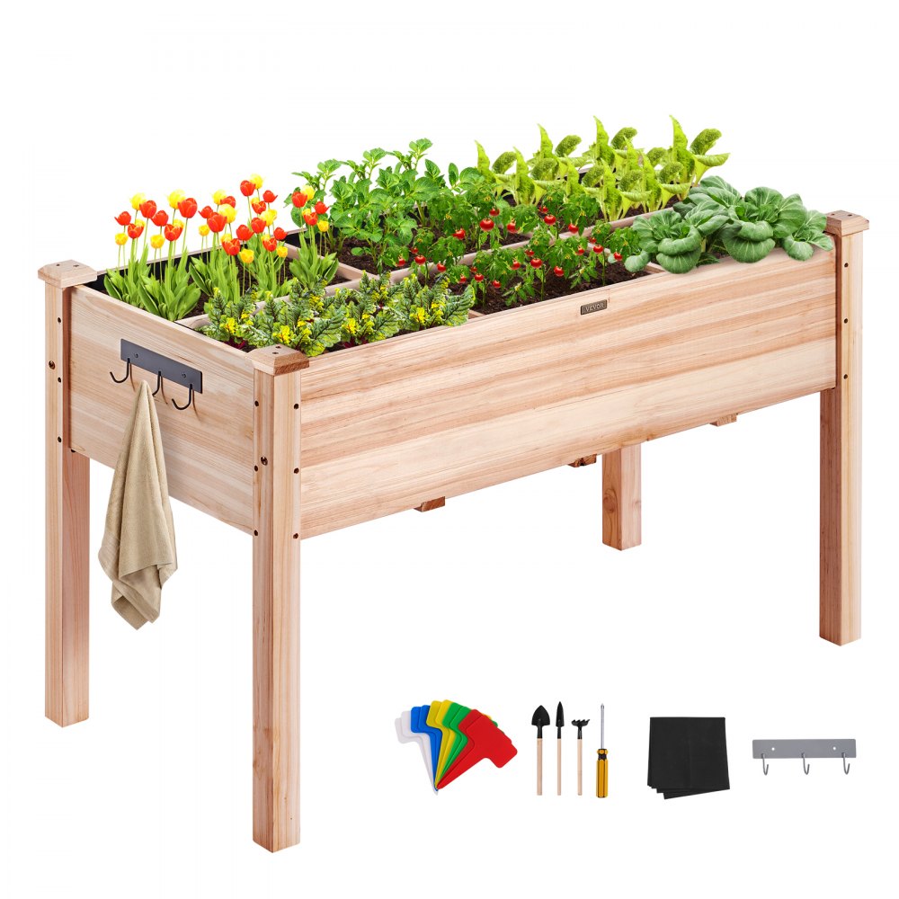 010389019866 - 47.2" Durable Fir Wood Raised Garden Bed with Partition & Tools
