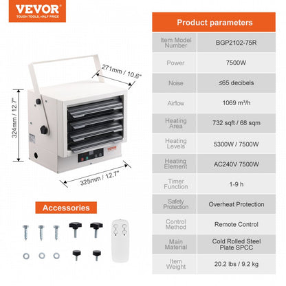 BGP2102-75R - 7500W VEVOR Garage Heater with Remote & Timer