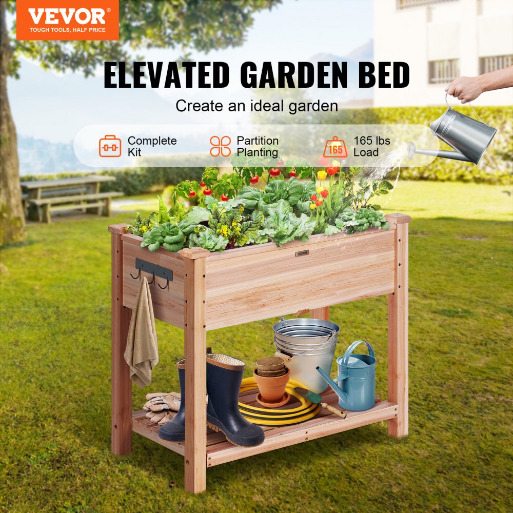 010373403983 - 33.9" Wooden Raised Garden Bed Planter with Tools and Drainage