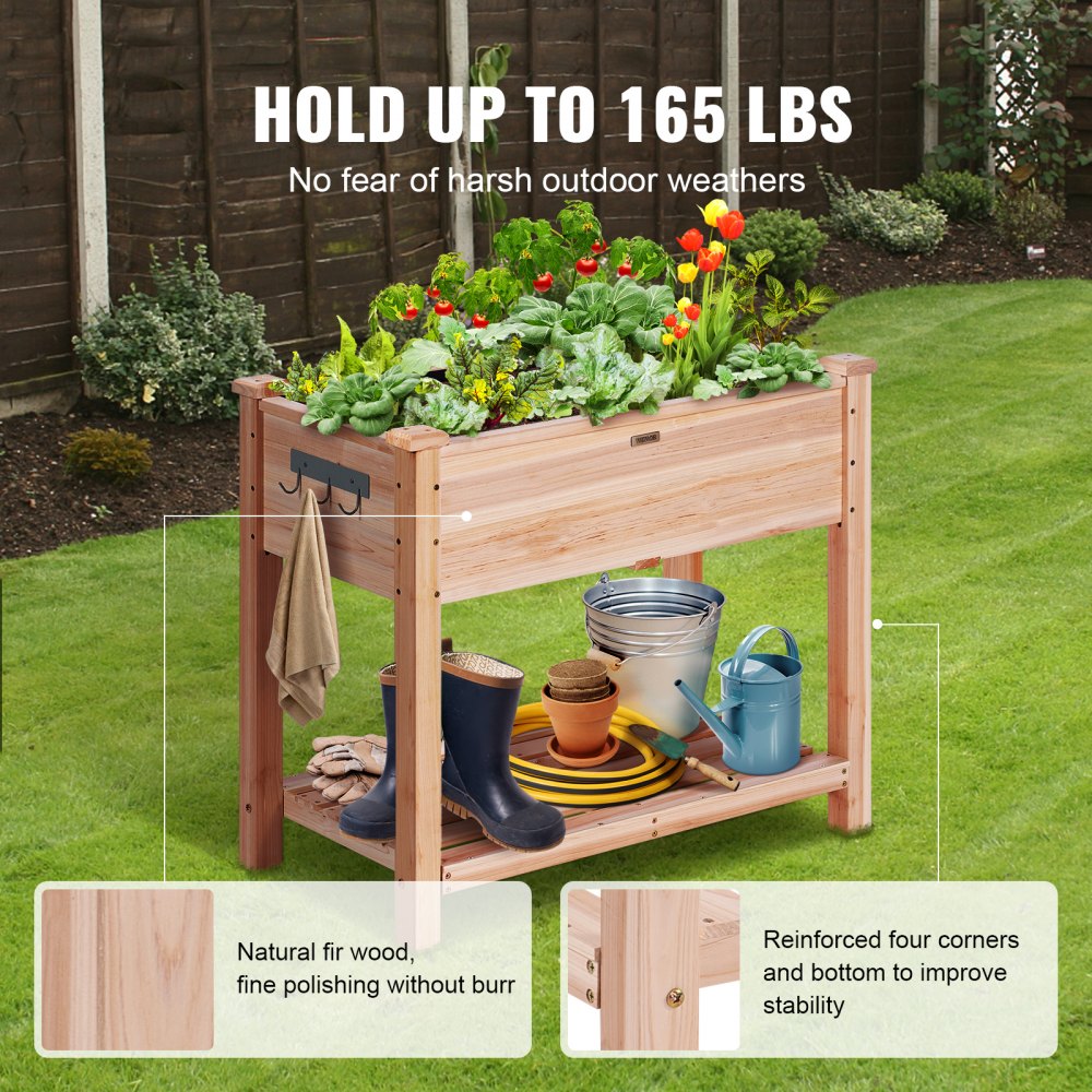 010373403983 - 33.9" Wooden Raised Garden Bed Planter with Tools and Drainage